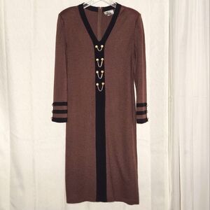 Mita Vintage Chocolate & Black Gold Button Accents Kringle Spun Knit Midi Dress